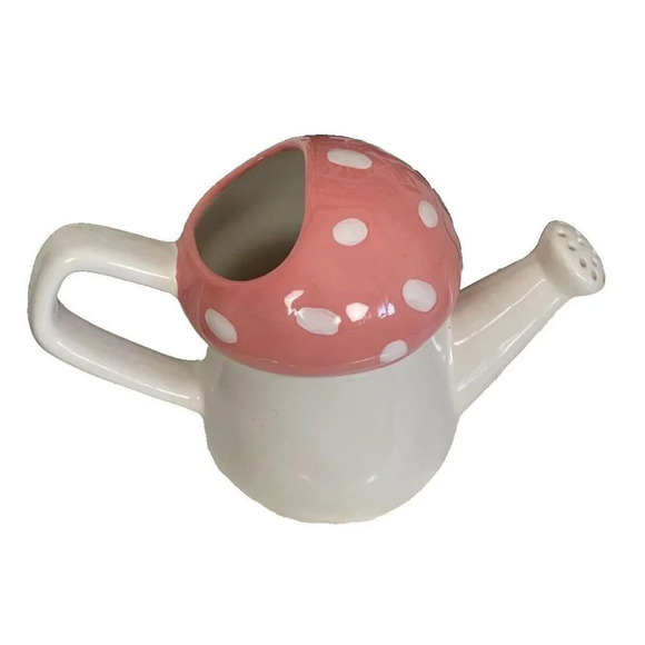 Rae Dunn Small Blush-Cream White Fairy Garden Text Mushroom Top Watering Can - Picture 3 of 4